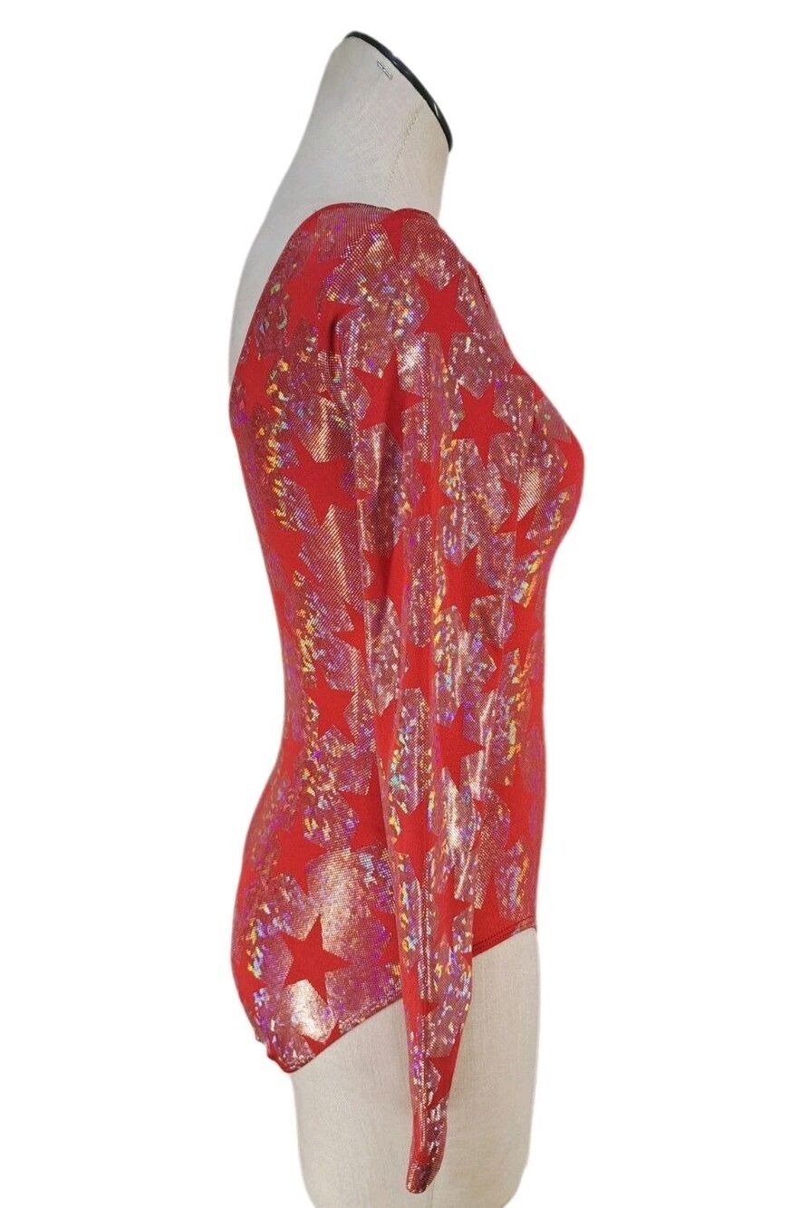 GK Elite VTG Holographic Americana Red Star Shimmering LS Logo Leotard Size AXL - Picture 5 of 16